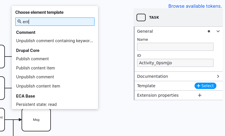 bpmn.io Element template chooser to select from actions available in Drupal site