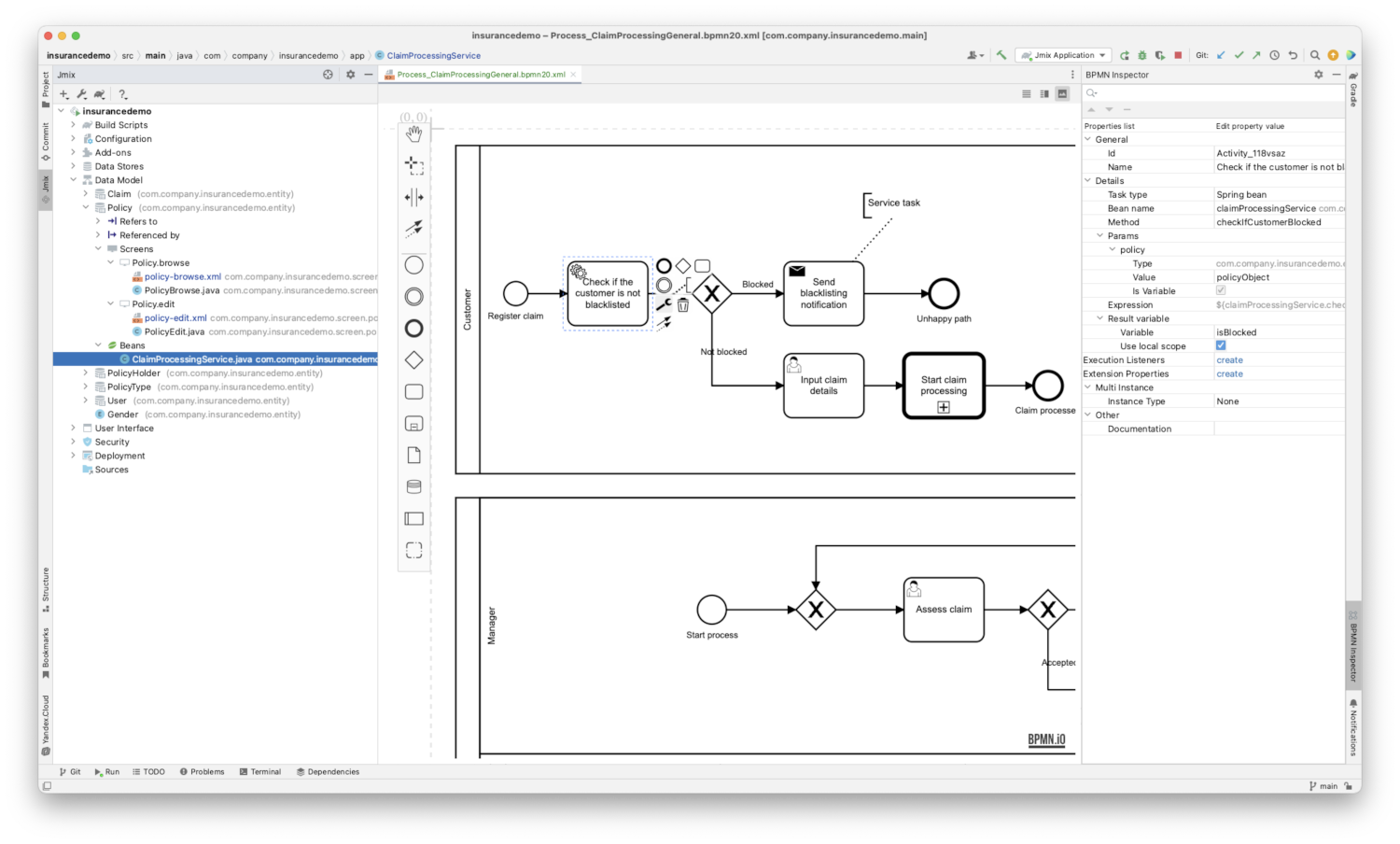 Jmix Studio plugin for IntelliJ IDEA with an integrated BPMN modeler.